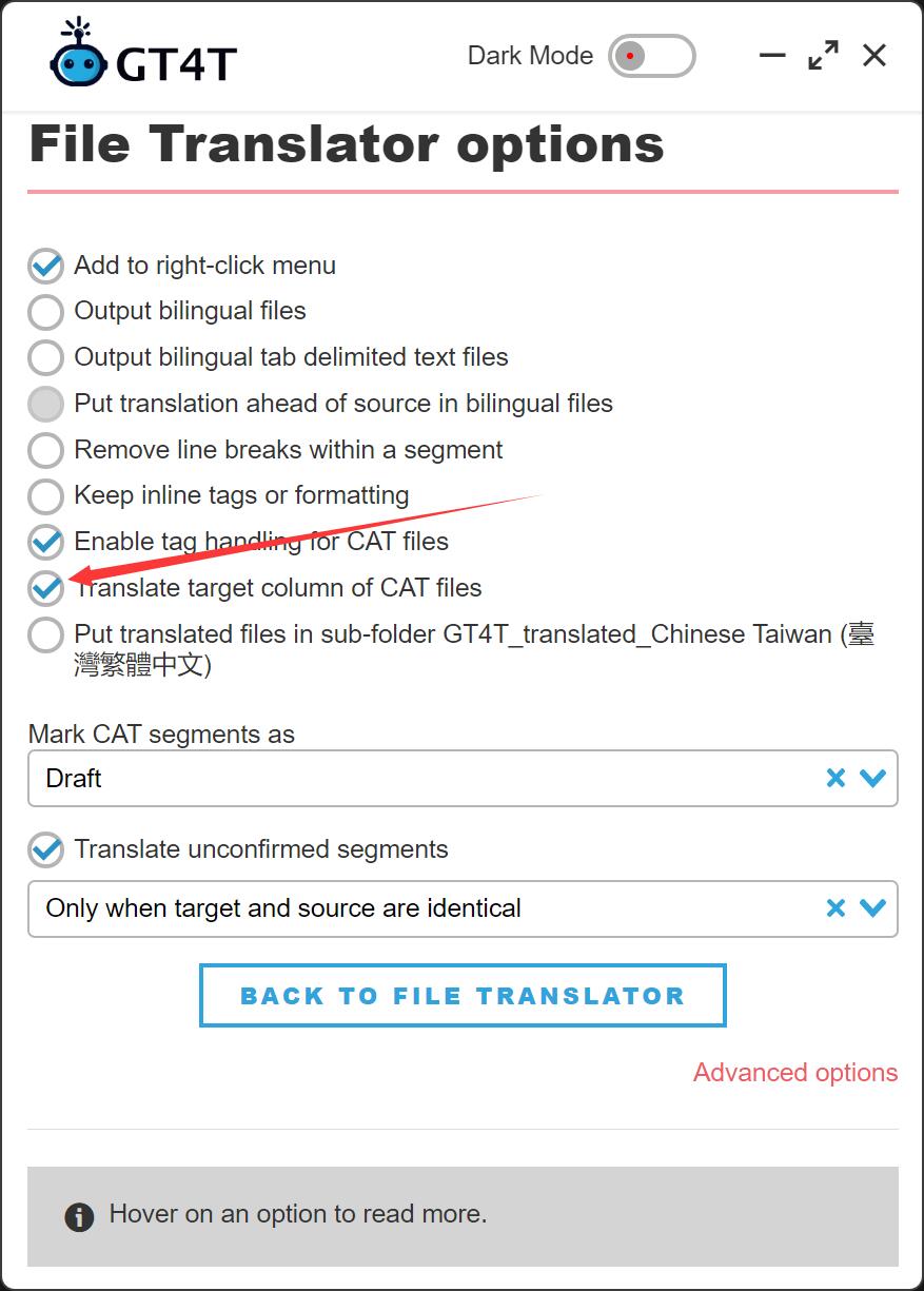 GT4T File Translator options